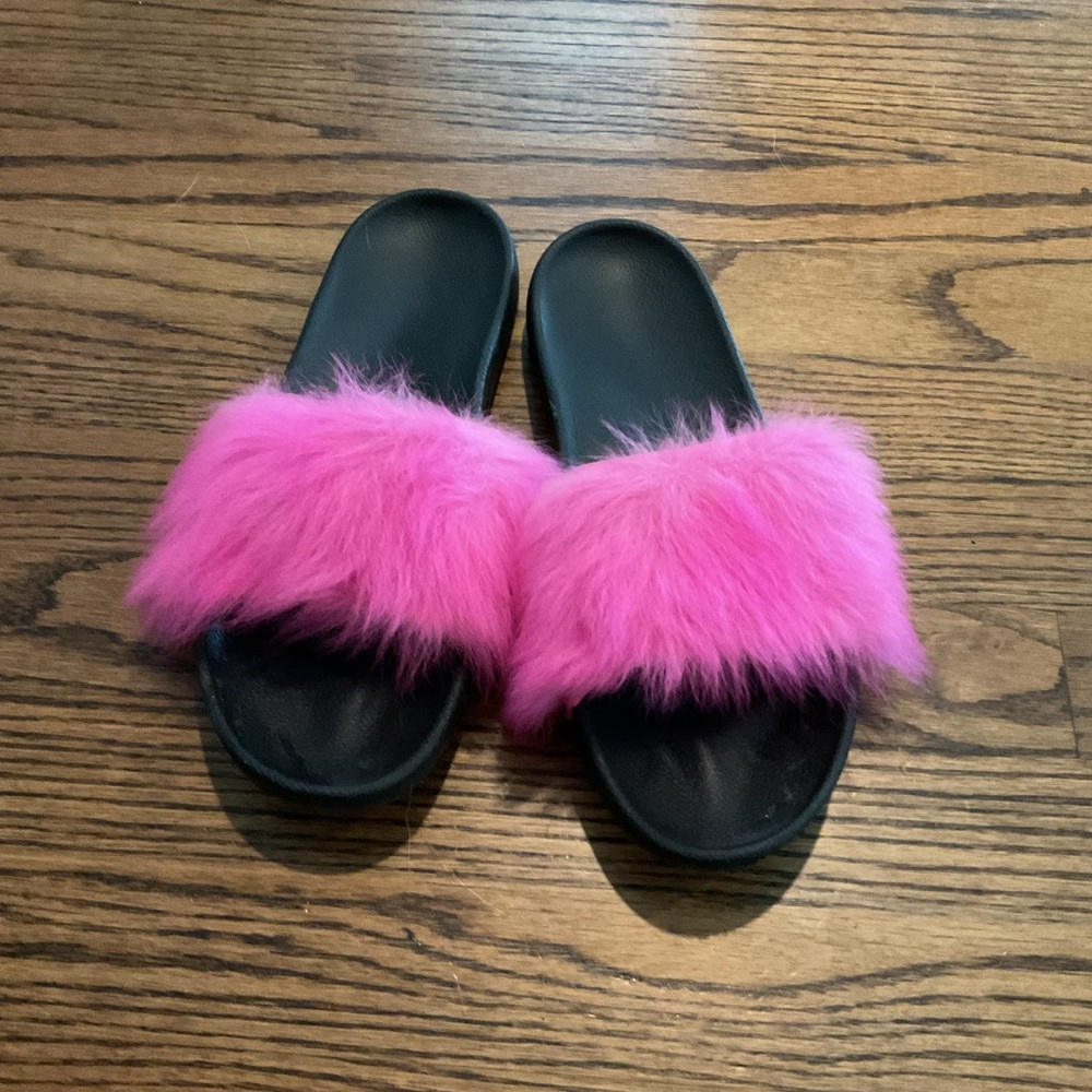 UGG Black and Pink Furry Slippers